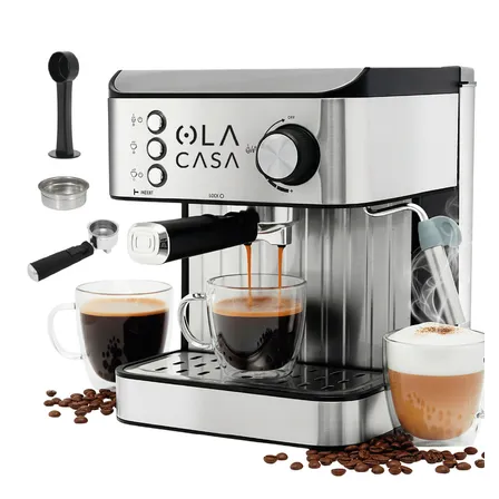 Cafetera Expresso Máquina De Café 2 Tazas 15 Bares Ola Casa Con Espumador De Leche Latte Plata