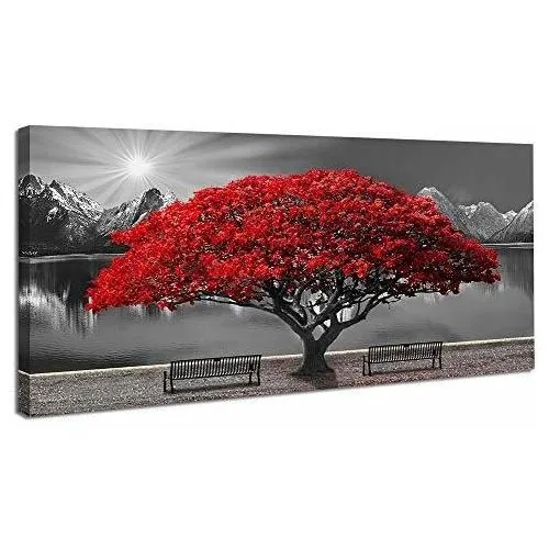 Negro Y Blanco Árbol Rojo Muro Arte Canvas Imprimir Qc4q3