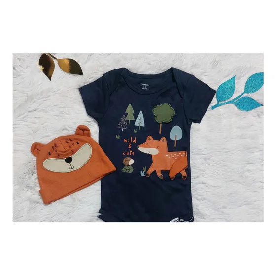 Conjunto Gerber De Body Con Gorro Azul Con Motivo De Zorro