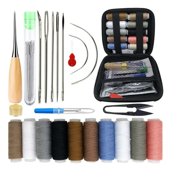 Conjunto Para Trabalho Couro Marcador Furador Linhas Agulhas