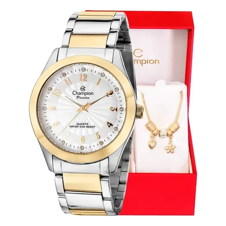 Relógio Champion Feminino Bicolor De Aço, Com Pulseira De Berloques E Mostrador Analógico Dourado