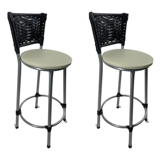 Kit 2 Banquetas Média Prata Junco Preto Cozinha Americana Cor Bege