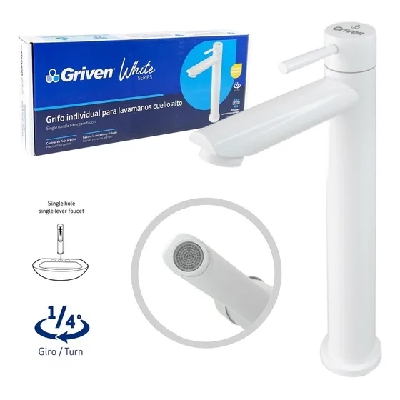 Llave Lavamano  Alta Sobreponer Blanca Cromada Griven