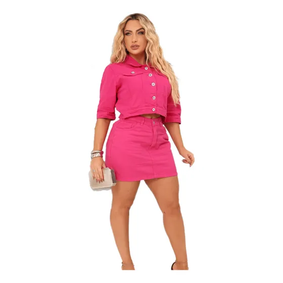 Conjunto Jeans Jaqueta Cropped Saia Plus Colorido Feminino