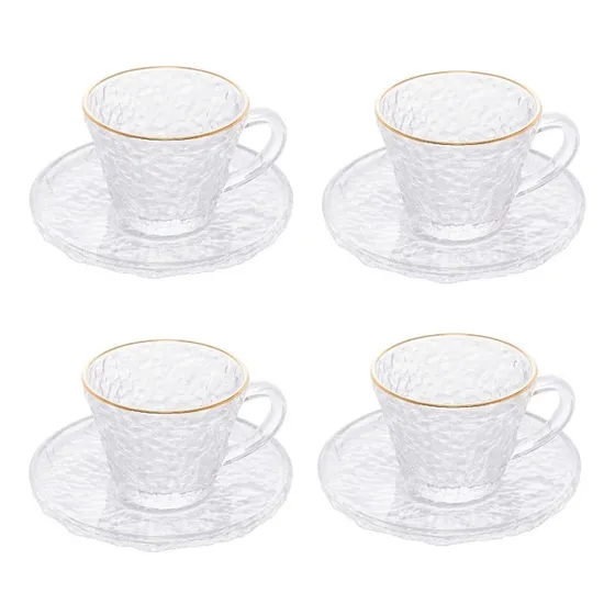 Conjunto De 4 Xícaras E Pires Martelado Borda Dourada 70ml