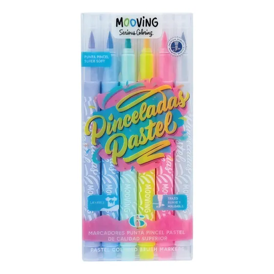 Marcadores Pastel Mooving Punta Pincel X 6 Colores