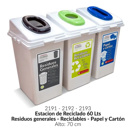 Estacion De Reciclado Colombraro 3 Cestos Adosables 60 Lts Color Negro/Verde/Azul