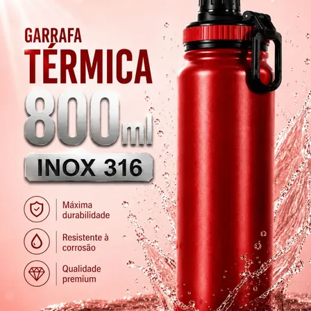 Garrafa Térmica 800ml Água Azarte Inox Academia Com Alça Vermelha