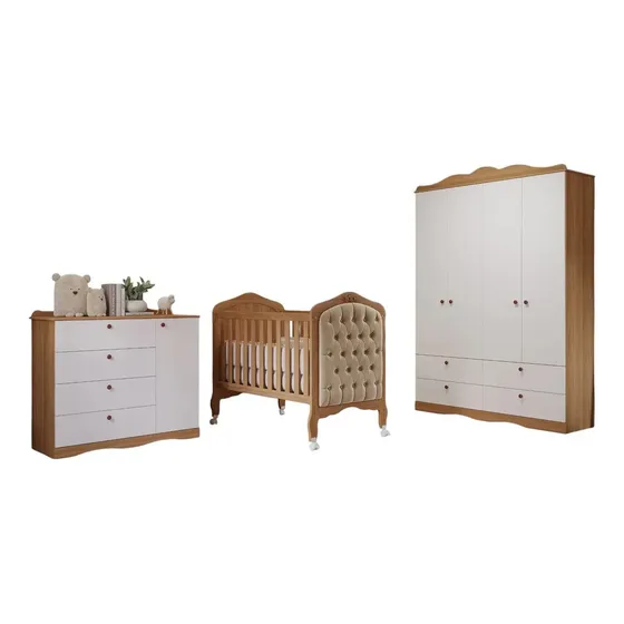 Quarto De Bebê 3 Peças Com Berço Capitonê Cômoda Jb