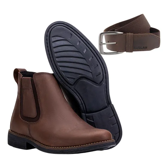 Bota Casual Costurada Masculina Kit Com Cinto 100% Couro
