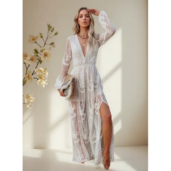 Vestido De Chiffon De Manga Larga De Encaje Con Cuello En V