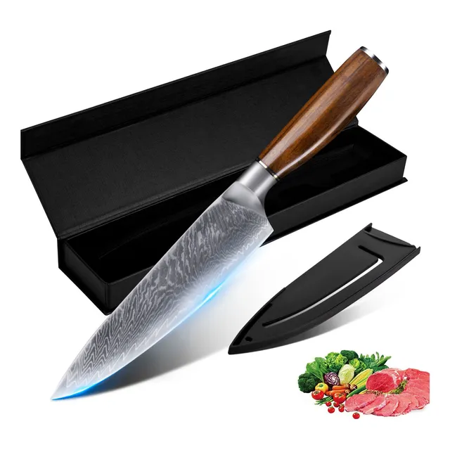 Cuchillo Chef Damasco Mango Madera Con Funda Plástico