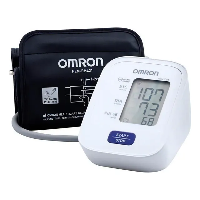 Tensiometro De Brazo Omron Hem 7120 + Barbijos Tricapa Celes Color Blanco/celeste
