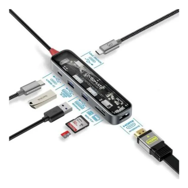 Promate Transhub-lite 7 En 1 De Usb-c A Usb-c/a/hdmi/sd Amv