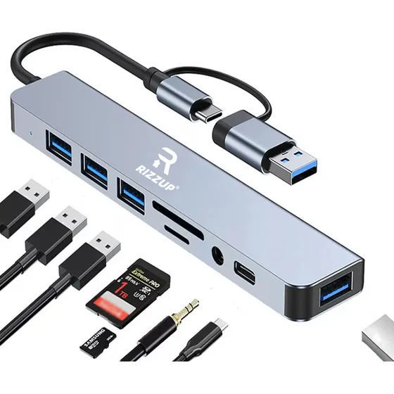 Rizzup® RZU-8EN1 Adaptador Usb Tipo C Multipuerto Hub Puertos Splitter Accesorios Para Macbook Pro Mac iPad Portatil Laptop Computadora Concentrador 8 En 1