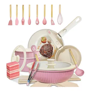 Batería De Cocina Extalento De 28 Piezas Con Sartenes Antiadherentes Y Mango Removible Rosa