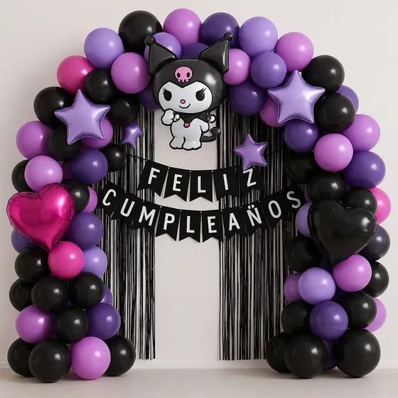 Combo Arco Globos Kuromi Metalizados Cortina Estrellas Deco