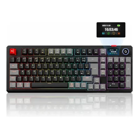 Teclado Mecânico Gamer Sem Fio ABNT2 RGB Com Tela, Bluetooth/2.4G/USB-C, Switch Vermelho Anti Ghosting Para PC Mac Linux