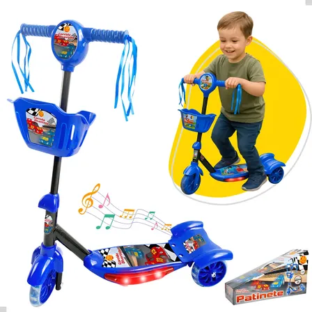 Patinete Infantil Azul 3 Rodas Cesto Luzes Som Até 35kg Organiser Corrida Divertida