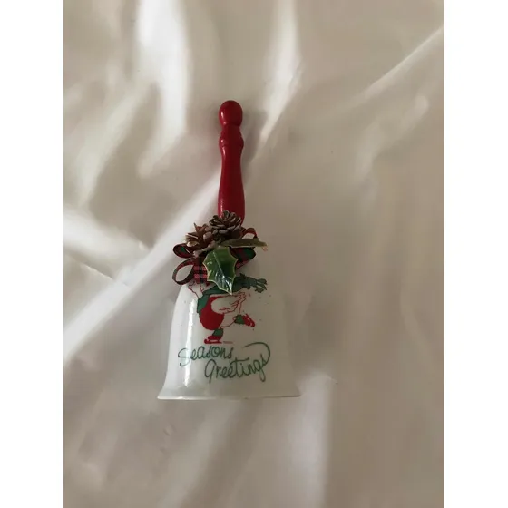 Campana Navideña, Porcelana, Mango De Madera, 19 Cms Alto