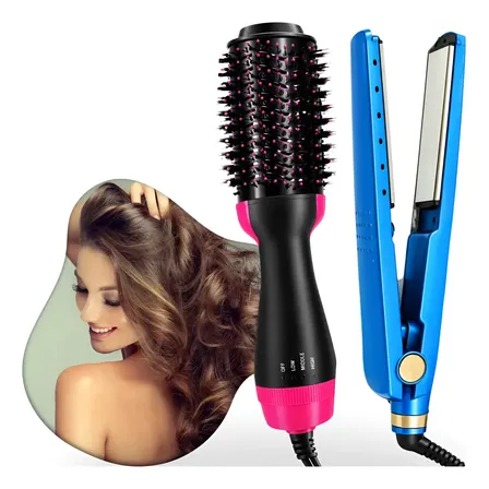 Escova Secadora Alisadora + Chapinha Nano Titanium Azul Preto E Rosa 110v