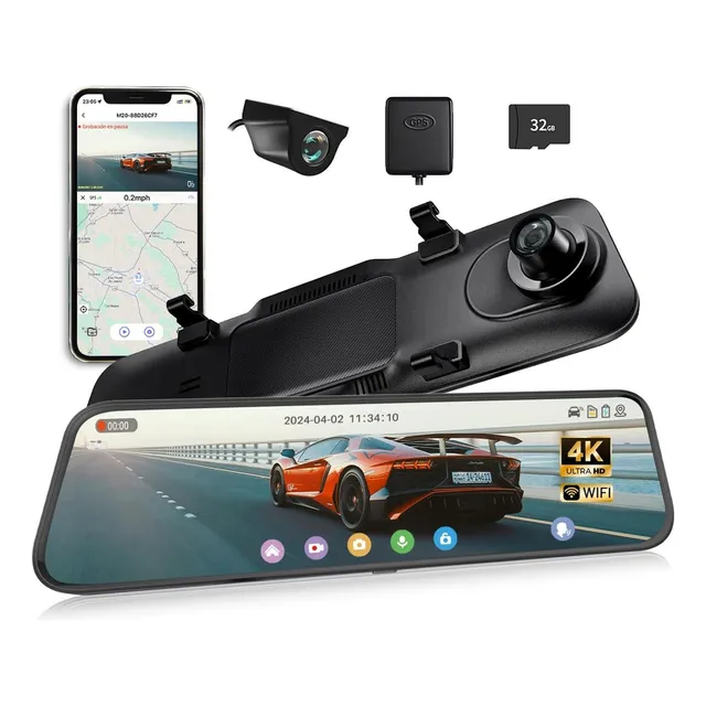 Visauto M20 4k Camara Para Automovil Con Gps,12'' Dash Cam Para Auto Frontal Y Trasera Wifi Con Pantalla Táctil,2160p Espejo Retrovisor Con Camara,G-sensor,Visión Nocturna,Tarjeta De 32gb, Control Voz