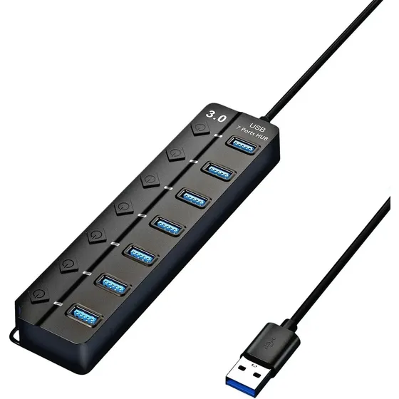 Hub Usb 3.0 7 Portas Entradas Alta Velocidade 5gbps Com Led E Botões Individuais Plug And Play Compatível Com Notebook Pc Tv Console Impressora Mouse E Teclado Pen Drive Cooler Premium Eletric Teck