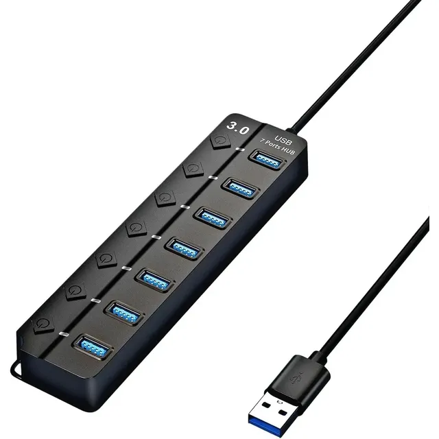 Hub Usb 3.0 7 Portas Entradas Alta Velocidade 5gbps Com Led E Botões Individuais Plug And Play Compatível Com Notebook Pc Tv Console Impressora Mouse E Teclado Pen Drive Cooler Premium Eletric Teck