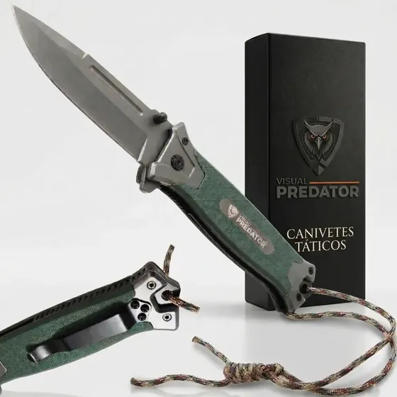 Canivete Tático Militar Vision Predator Tático Liso - Verde-musgo clip cintura e Paracord