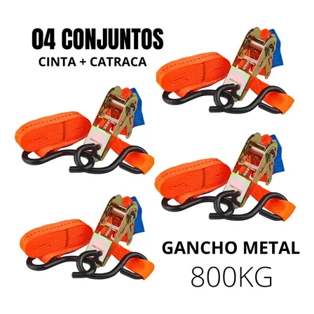 Kit Com 4 Cintas Catraca Reforçadas Robustec Para Amarração De Moto E Jet Ski Laranja