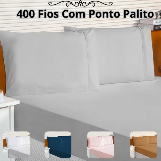 Jogo De Lençol 400 Fios Casal 3 Peças Toque Macio Com Ponto Palito - Raraluz Casa - Cinza
