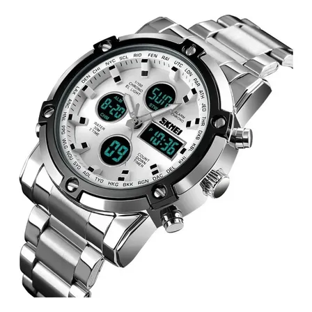 Relógio De Pulso Skmei 1389 Com Corria De Aço Inoxidável Cor Prateado - Fondo Branco - Bisel Preto/prateado