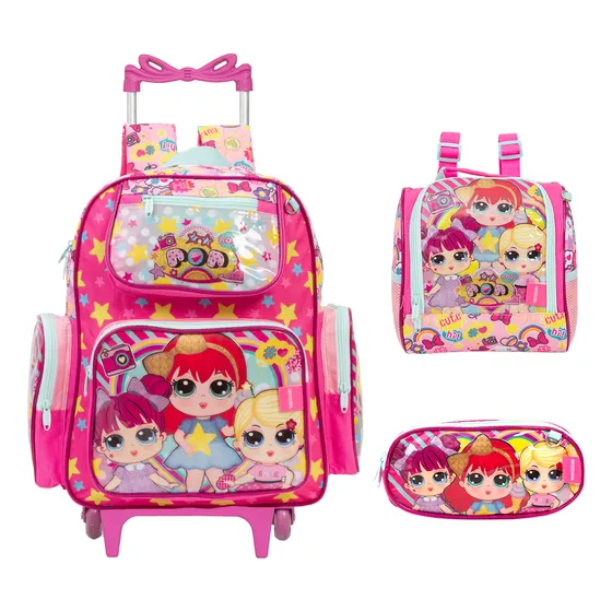 Kit Bolsa Mochila Infantil Feminina Lol Carrinho Passeio