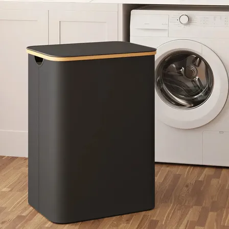 Cesto De Roupa Suja Dobrável Com Tampa, 2 Compartimentos Preto Tinta