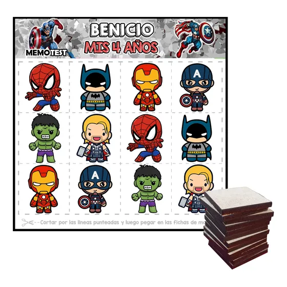 Memotest Mdf Avengers Superheroes Cumpleaños Souvenir X10