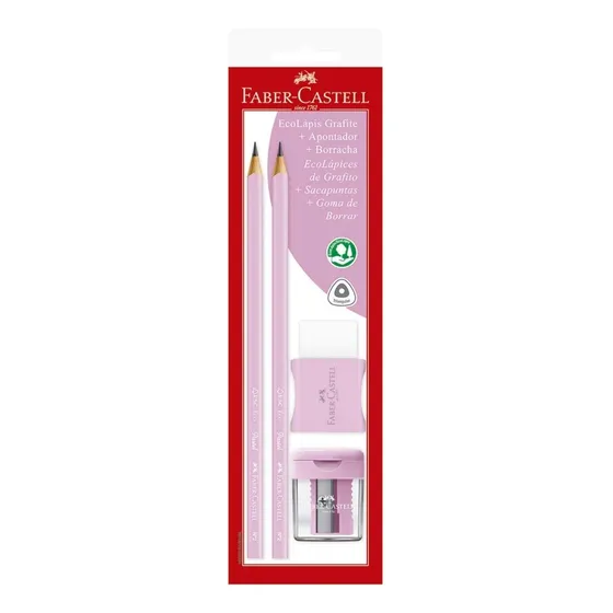 Kit Lápis Grafite Rosa Pastel N.2 + Apontador + Borracha