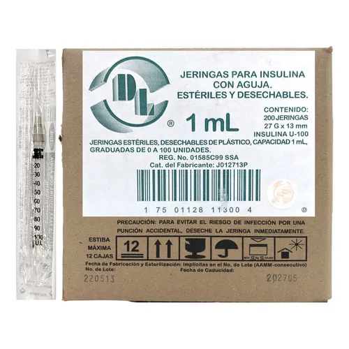 Jeringas Para Insulina 1ml Con Aguja 27x13 Caja Con 200 Capacidad en volumen 1 mL