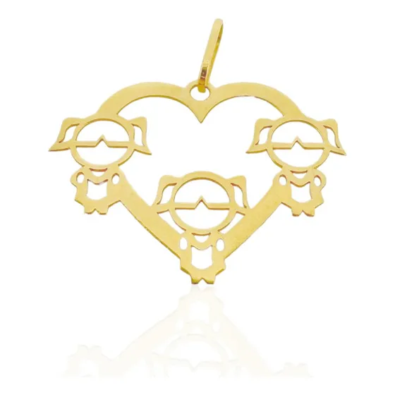 Pingente Medalha Coração Três Meninas Ouro 18k 750