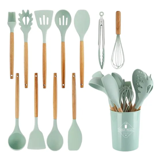 Set 12 Utensilios Cocina Mango Silicona Y Madera Repostería