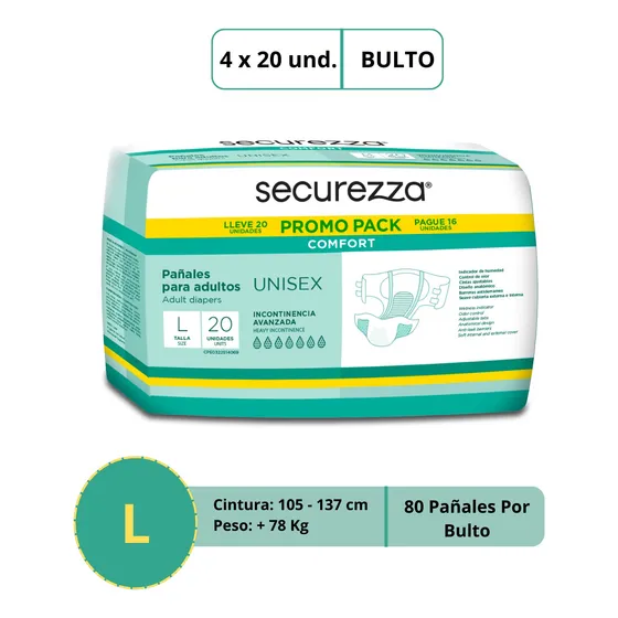 Pañal Securezza Comfort Talla L Promopack Bulto De 80 Unid