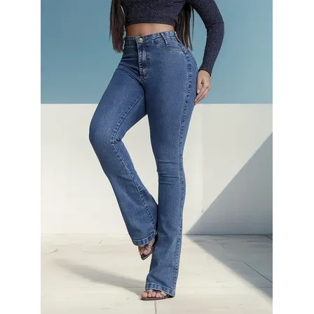 Calça Jeans Feminina Flare Marmorizada Cintura Alta Elastano