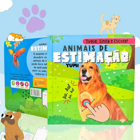 Livro Infantil Bebê Toque, Sinta E Escute Animais De Estimação Livro Sensorial Texturas Sons Premium