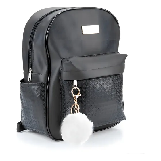 Mochila Feminina Pequena Mochilinha Faculdade Escola Pompom Cor Preta Bolso Detalhado