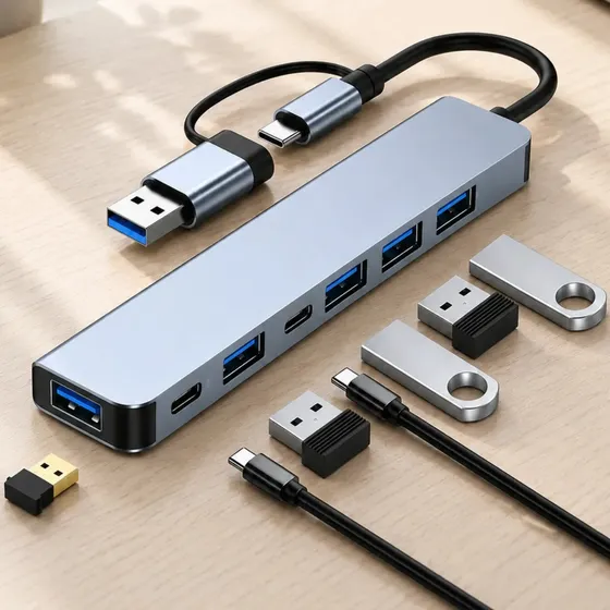 Hub Usb 7 Portas Adaptador 3.0 Extensor 2 Cabeça Dupla Speed Tipo-c e USB Hd Pen Drive Pc 4k Personalized View