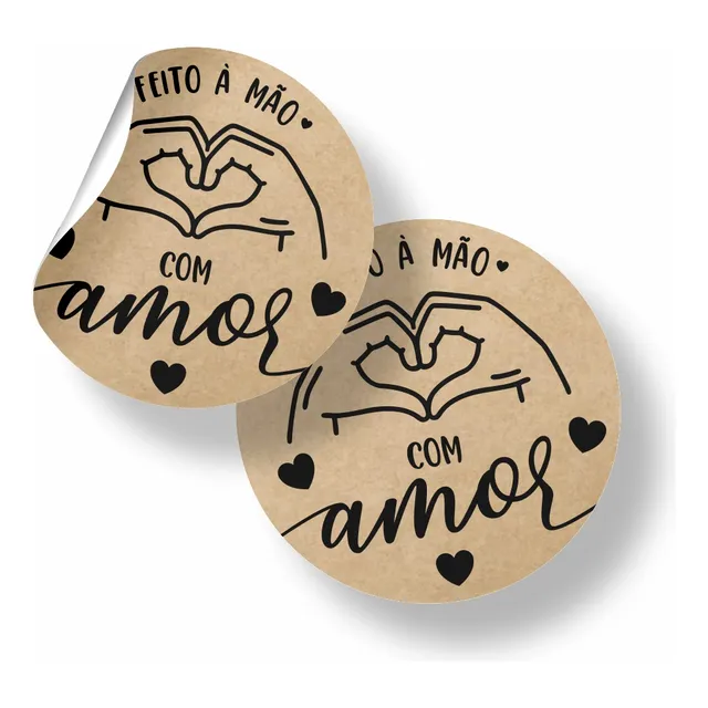 100 Adesivos Feito A Mão Com Amor Kraft Vinil 2cm