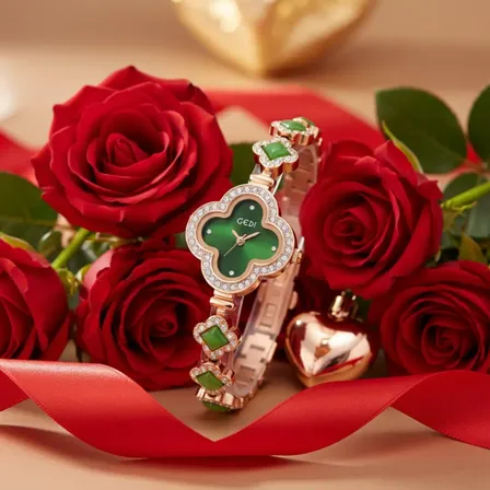 Relógio Feminino Elegante Verde Com Cristais Dourado