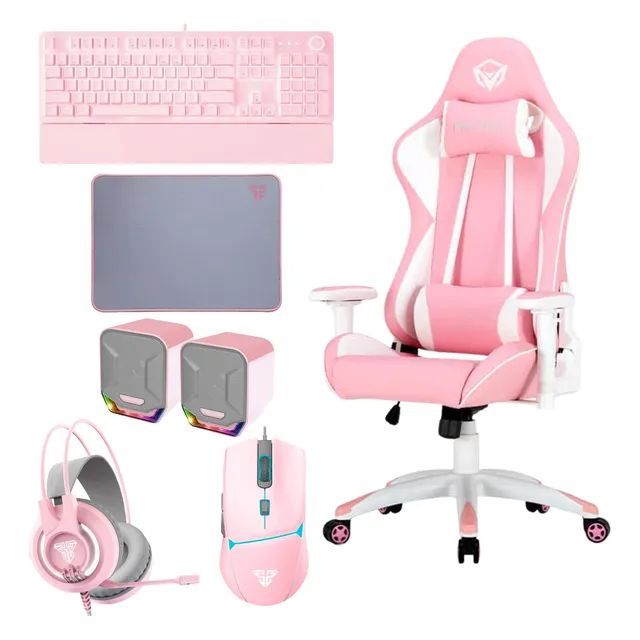 Combo Gamer 6 En 1 Meetion Fantech Rosa Pc Rgb Led Con Silla