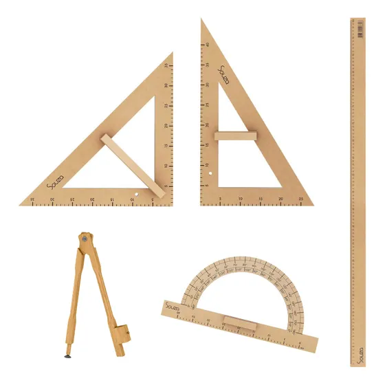 Kit Desenho Geométrico Professor Gabarito Quadro Branco Mdf 5 Peças Compasso Esquadro Transferidor Régua