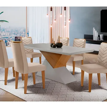 Mesa Aster 180 Tampo Em Mdf Com 6 Cadeiras Liz Moderna Cor Creme, Off White E Imbuia