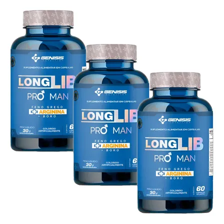 Kit 3x Longlib Pro Man Feno Grego Arginina Boro + Brinde Sem Sabor